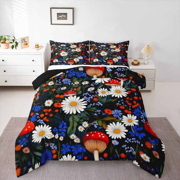 Manfei White Groovy Flower Full Size Comforter Sets, Rustic Plant Botanical Bedding Comforter Set, Cartoon Mushroom Reversible Bedding Sets, Microfiber Bedroom Decor, 3 Pieces