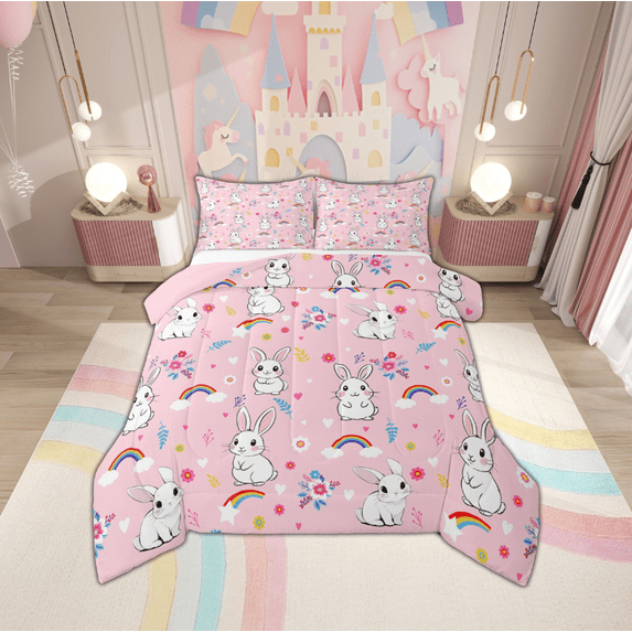 Manfei White Lovely Rabbit Queen Comforter Set,Cartoon Zoo Animal Bedding Sets,Cute Flower Colorful Rainbow Bedding Comforter Set For Girl,Luxury Bedroom Decor Reversible,3-Piece
