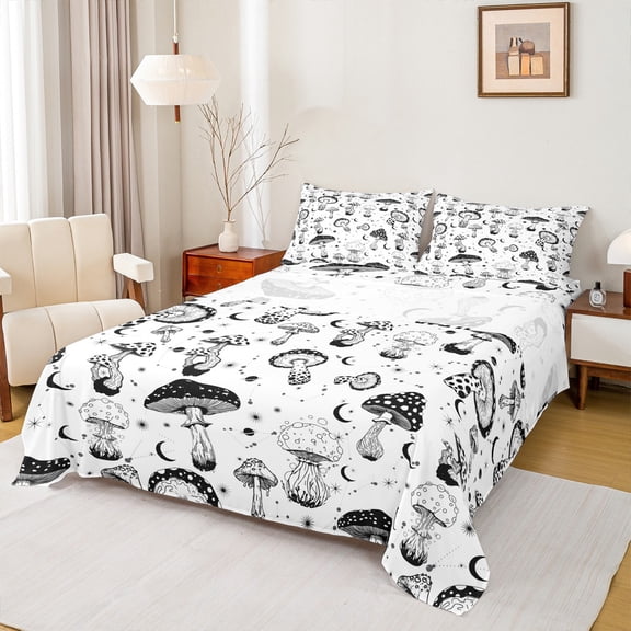 Manfei White Mushroom Pkant Bed Sheets for Kids, Mystic Planet Sun Moon King Sheets, Starry Sky Sheet Set, Luxury Bedroom Decor, 4 Pieces
