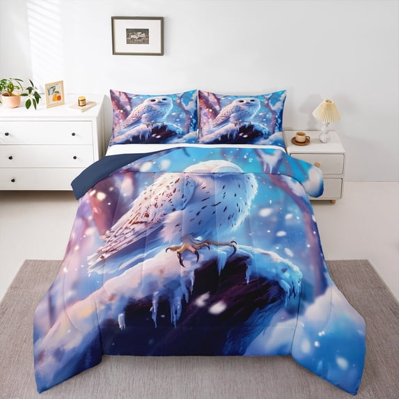 Manfei White Owl Queen Comforter Set,Flying Animal Bedding Sets,Winter Theme Bedding Comforter Set For Kids,Luxury Bedroom Decor Reversible,3pcs