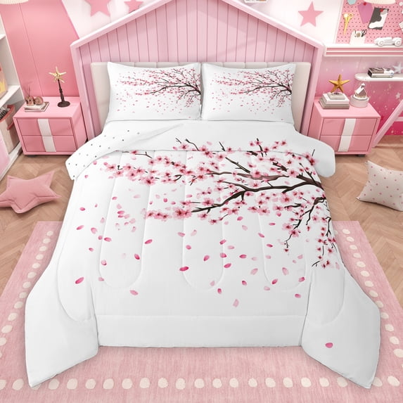 Manfei White Pink Floral Queen Comforter Set, Tokyo Japanese Blossoms Flower Bedding Sets, Teens Kids Girls Women Reversible Bedding Comforter Set, Breathable Home Decor, 3-Piece