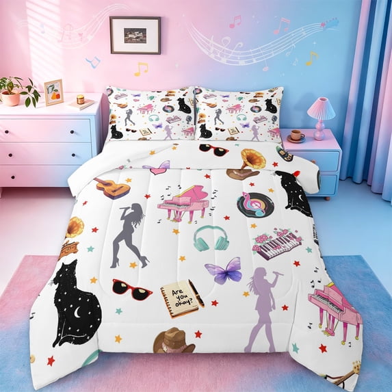 Manfei White Pop Music King Size Comforter Sets,Music Lovers Bedding Comforter Set,Girls Rock Guitar Bedding Set For Teens,Breathable Home Decor,3 Pieces
