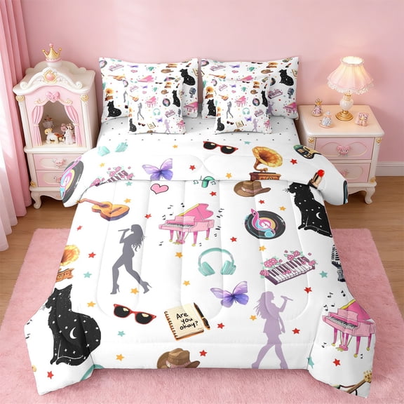 Manfei White Pop Music Twin Bedding Sets 7-Piece,Music Lovers Bedding Comforter Set,Girls Rock Guitar Sheet Sets For Teens,Breathable Home Decor