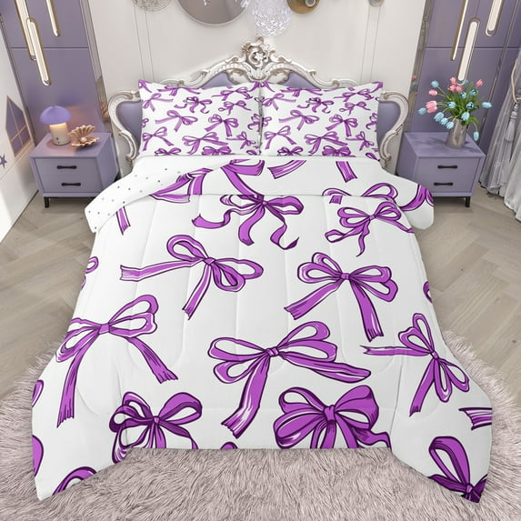 Manfei White Purple Ribbon Full Size Comforter Sets for Kids, Kawaii Cartoon Bowknot Bedding Comforter Set, Cute Princess Style Reversible Bedding Sets, Breathable Home Decor, 3 Pieces