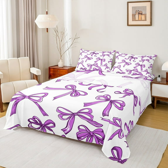 Manfei White Purple Ribbon Queen Sheet Sets for Kids, Kawaii Cartoon Bowknot Flat Sheet, Cute Princess Style Queen Fitted Sheet, Breathable Home Decor, 4 Pieces