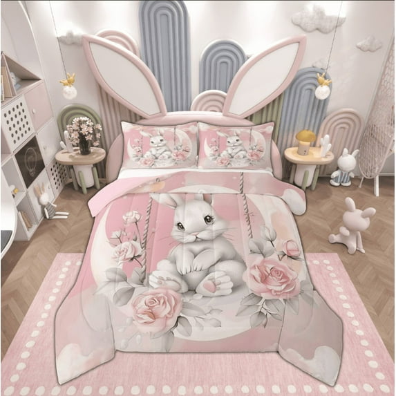 Feelyou White Rabbit Bunnies Full Size Comforter Sets, Romantic Pink Rose Bedding Comforter Set, Dreamy Moon Bedding Sets, Microfiber Room Decor, 3-Piece