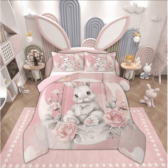 Feelyou White Rabbit Bunnies Queen Comforter Set, Romantic Pink Rose Bedding Sets, Dreamy Moon Bedding Comforter Set, Microfiber Room Decor, 3-Piece