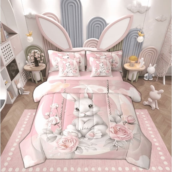 Feelyou White Rabbit Bunnies Twin Bedding Sets 7-Piece, Romantic Pink Rose Bedding Comforter Set, Dreamy Moon Sheet Sets, Microfiber Room Decor