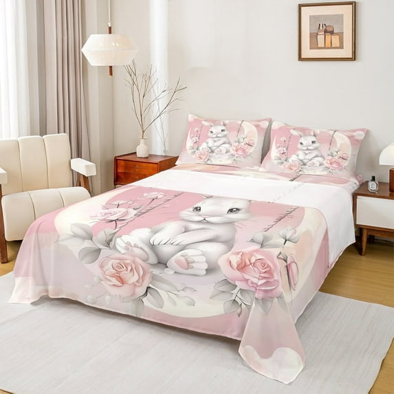 Manfei White Rabbit Bunnies Twin Sheet Sets, Romantic Pink Rose Twin Fitted Sheet, Dreamy Moon Flat Sheet, Microfiber Room Decor, 3-Piece