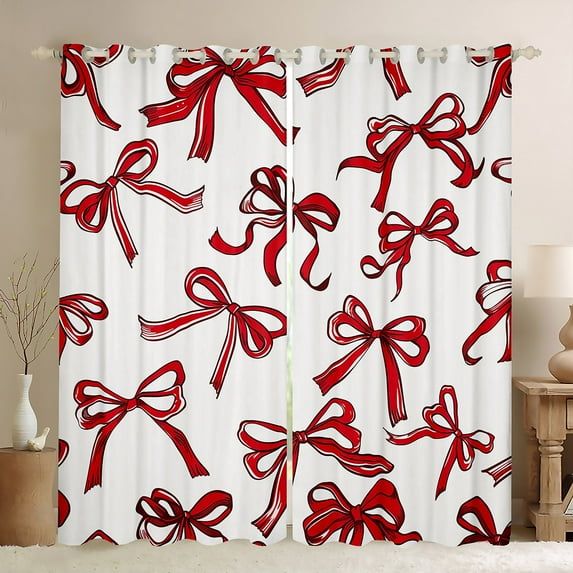 Manfei White Red Ribbon Curtains Pack of 2 (42x84 Each) for Kids, Kawaii Cartoon Bowknot Curtains Blackout, Cute Princess Style Bedroom Curtains, Curtains and Drapes Decor
