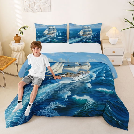 Manfei White Sail Sailing Ship Queen Comforter Set for Kids Boys and Girls, Nautical Ocean Bedding Comforter Set, Gray Reversible 3pcs, 1 Comforter and 2 Pillowcases