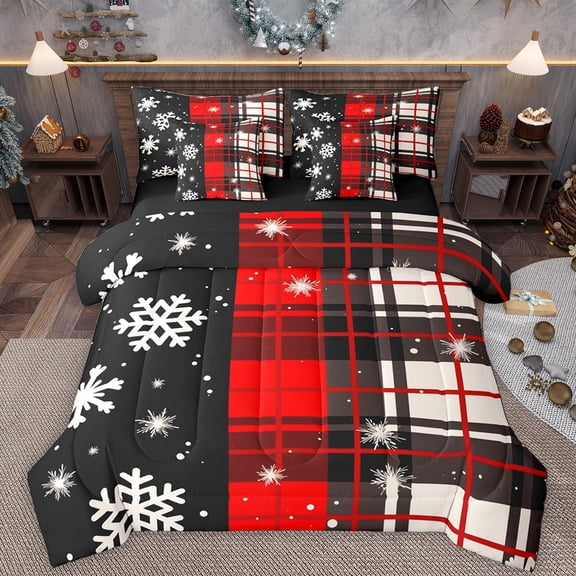 Manfei White Snowflake 7-Piece Twin Bedding Sets,Merry Christmas Bedding Comforter Set,Red Black Plaid Sheet Sets For Girls Boys,Luxury Bedroom Decor Reversible