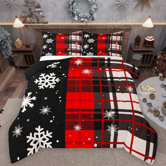Manfei White Snowflake Bedding Comforter Set,Merry Christmas Twin Comforter Sets,Red Black Plaid Bedding Set For Girls Boys,Luxury Bedroom Decor Reversible,2 Pieces