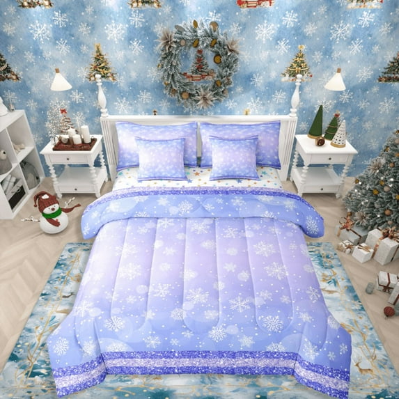 Manfei White Snowflakes 7-Piece Twin Bedding Sets,Merry Christmas Bedding Comforter Set,Bling Glitter Breathable Sheet Sets,Lightweight Gradient Room Decor,Reversible