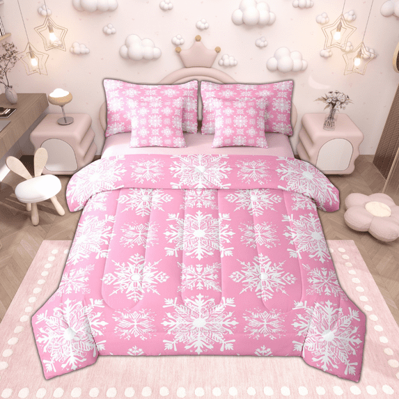 Manfei White Snowflakes Twin Bedding Sets 7pcs for Girls, Kawaii Pink Bedding Comforter Set, Happy New Year Sheet Sets, Ultra Soft Home Decor
