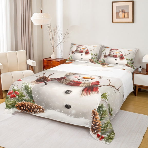Manfei White Snowmen Bed Sheets,Happy Christmas King Sheets,Pine Cone Sheet Set For Children,Luxury Bedroom Decor,4pcs
