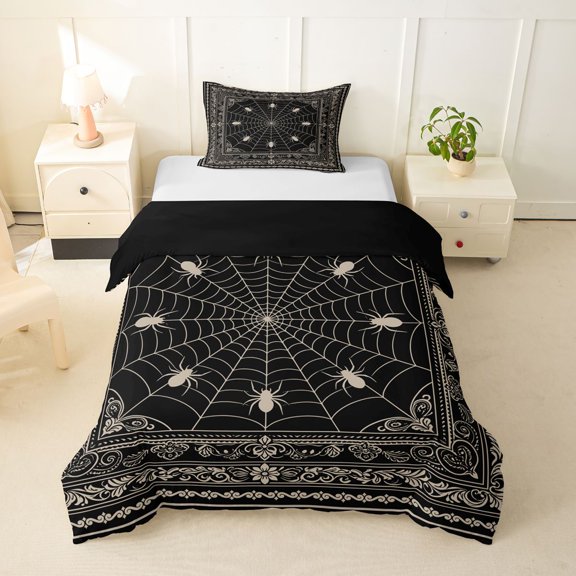 Manfei White Spider Web Twin Duvet Cover,Halloween Theme Twin Bedding,Black Reversible,2-Piece,1 Duvet Cover and 1 Pillowcase