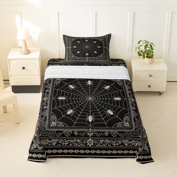Manfei White Spider Web Twin Sheets,Halloween Theme Bedding,3-Piece,1 Fitted Sheet and 1 Pillowcase