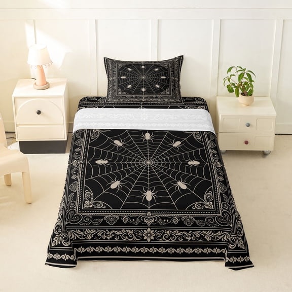 Manfei White Spider Web Twin Sheets,Halloween Theme Bedding,3-Piece,1 Fitted Sheet and 1 Pillowcase