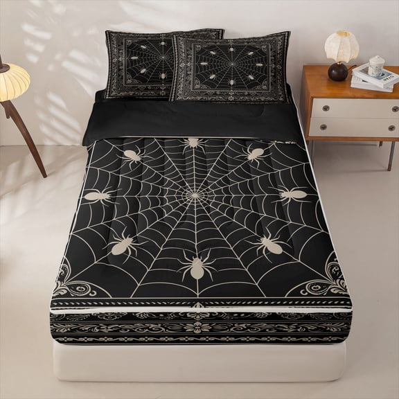 Manfei White Spider Web Zipper Twin Comforter Sets with Fitted Sheet and 2 Pillowcases,Halloween Theme Zipper Bedding Set,Black Reversible,4pcs