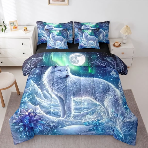 Manfei White Wolf 7 Pieces Full Size Bedding Sets,Ice Aurora Pattern Full Size Bed in a Bag,Black Reversible