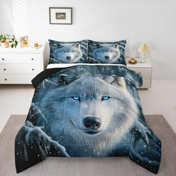 Manfei White Wolf Bedding Queen Comforter Set,Jungle Animal Down Comforter,Winter Cedar Bedding Sets Queen with Comforter,Super Cozy Room Decor Reversible,3 Pieces