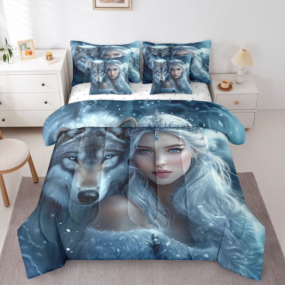 Manfei White Wolf Print 7 Pieces Full Size Bedding Sets,Pretty Lady Full Size Bed in a Bag,Blue,Reversible