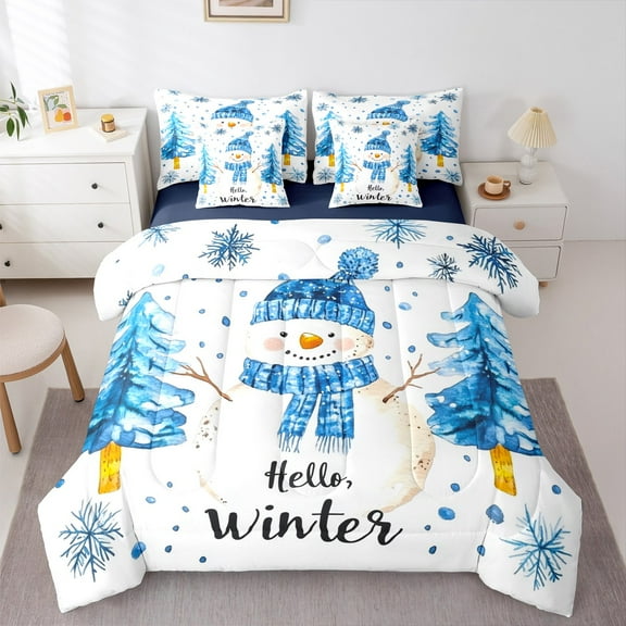 Manfei White Xmas Snowmen 7-Piece Twin Bedding Sets,Hello Winter Bedding Comforter Set,Merry Christmas Sheet Sets For Child,Breathable Home Decor Reversible