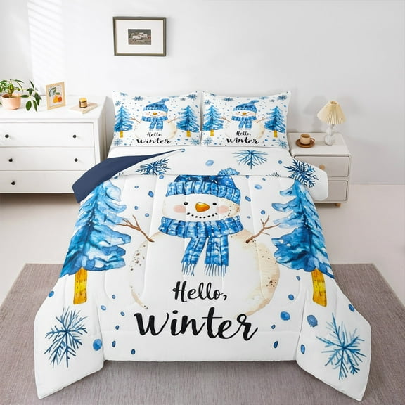 Manfei White Xmas Snowmen Queen Comforter Set,Hello Winter Bedding Sets,Merry Christmas Bedding Comforter Set For Child,Breathable Home Decor Reversible,3 Pieces