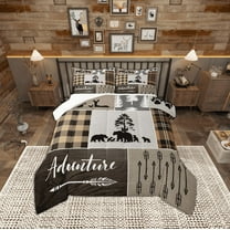 Manfei Wild Animal Bear Bedding Comforter Set,Outdoor Adventure Twin Comforter Sets,Vintage Brown Patchwork Plaid Bedding Set For Boys,Microfiber Bedroom Decor,2pcs