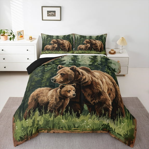 Manfei Wild Animal Bear Bedding Comforter Set,Tropical Botanical Pine Twin Comforter Sets,Brown Green Bedding Set For Boy Child,Breathable Home Decor Reversible,2pcs