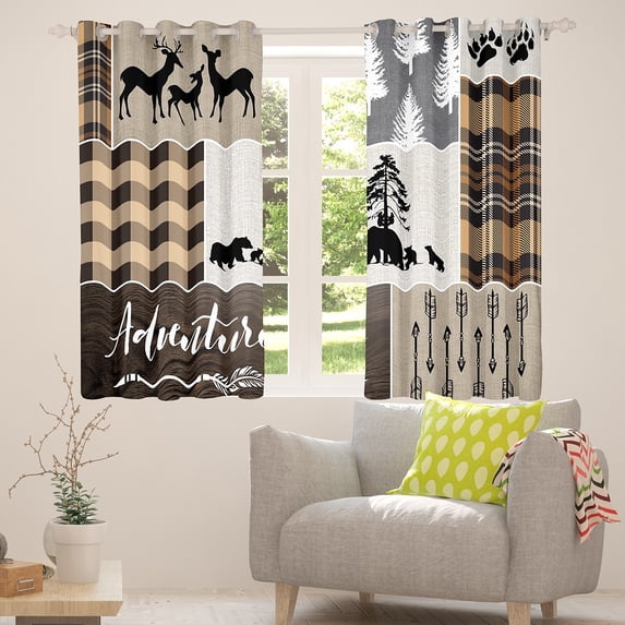 Manfei Wild Animal Bear Black Out Curtains,Outdoor Adventure Curtains Pack of 2 (42x63 Each),Vintage Brown Patchwork Plaid Bedroom Curtains For Boys,Microfiber Bedroom Decor