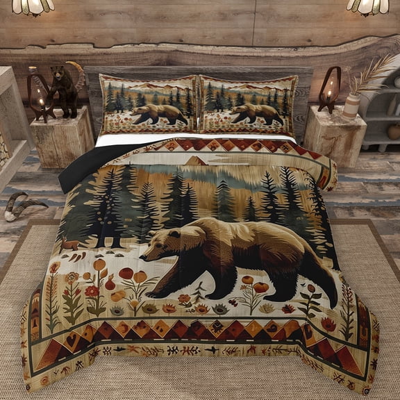 Manfei Wild Animal Bear Full Size Comforter Sets,Retro Rustic Flower Bedding Comforter Set,Ink Moutain Pine Pattern Bedding Sets For Men Women,Microfiber Bedroom Decor Reversible,3pcs