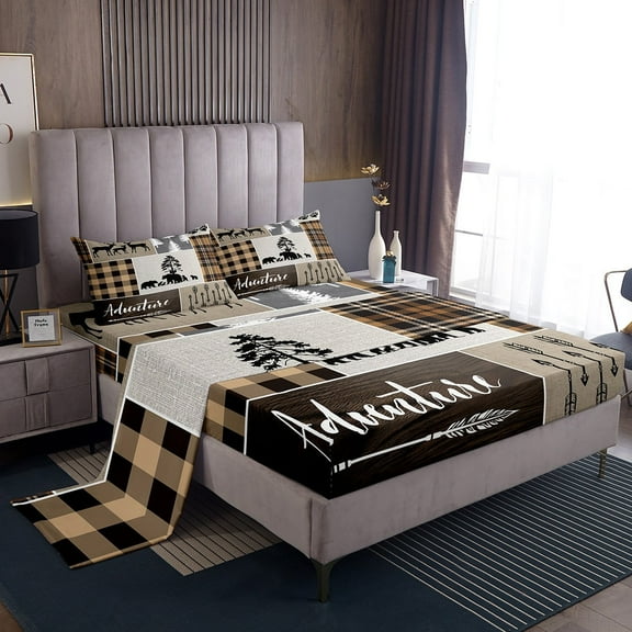 Manfei Wild Animal Bear Full Size Sheets,Outdoor Adventure Bed Sheets,Vintage Brown Patchwork Plaid Sheet Sets For Boys,Microfiber Bedroom Decor,4-Piece