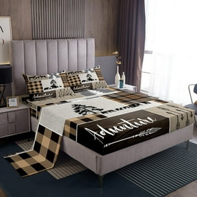 Manfei Wild Animal Bear Full Size Sheets,Outdoor Adventure Bed Sheets,Vintage Brown Patchwork Plaid Sheet Sets For Boys,Microfiber Bedroom Decor,4-Piece