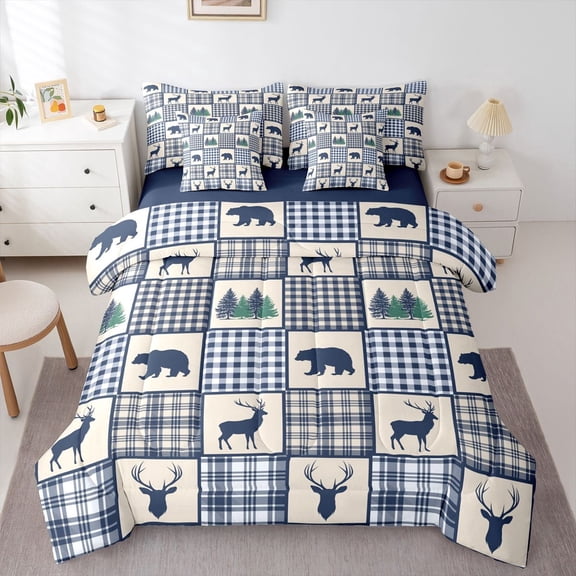 Manfei Wild Animal Deer Plaid 7-Piece Twin Bedding,Navy Check Pine Bedding Comforter Set,Navy Blue Reversible