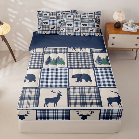 Manfei Wild Animal Deer Plaid Zipper Twin Comforter Sets with Fitted Sheet and 2 Pillowcases,Navy Check Pine Zipper Bedding Set,Navy Blue Reversible,4pcs
