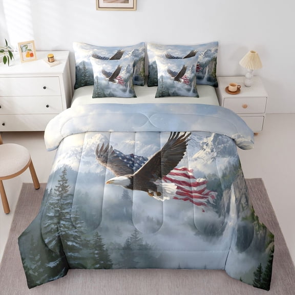 Manfei Wild Animal Eagle 7 Pieces Full Size Bedding Sets,Nature Mountain Pine Tree Full Size Bed in a Bag,White,Light Gray Reversible
