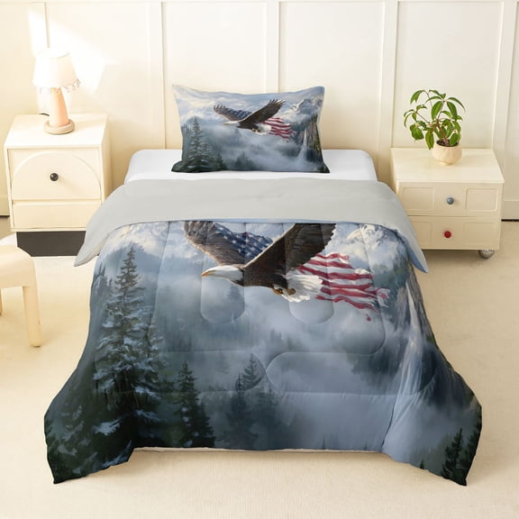 Manfei Wild Animal Eagle Twin Comforter Sets,Nature Mountain Pine Tree Bedding Set,White,Light Gray Reversible,2pcs,1 Comforter and 1 Pillowcase