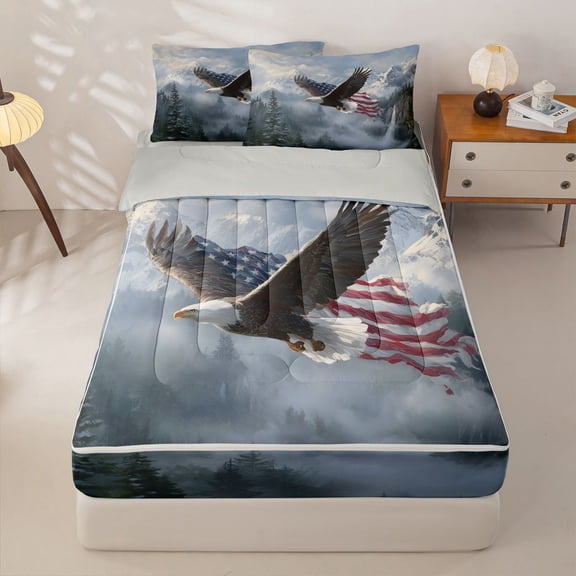 Manfei Wild Animal Eagle Zipper Twin Comforter Sets with Fitted Sheet and 2 Pillowcases,Nature Mountain Pine Tree Zipper Bedding Set,White,Light Gray Reversible,4pcs