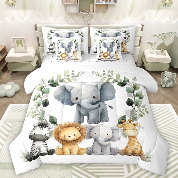 Manfei Wild Animal Elephant 7-Piece Twin Bedding Sets,Zebra Lions Giraffe Bedding Comforter Set,Cute Zoo Animal Sheet Sets For Girls Kids,Breathable Home Decor Reversible