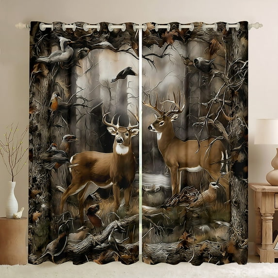 Manfei Wild Animal Elk Black Out Curtains,Autumn Fall Maples Curtains Pack of 2 (42x63 Each),Brown Green Bedroom Curtains For Men Women,Microfiber Bedroom Decor