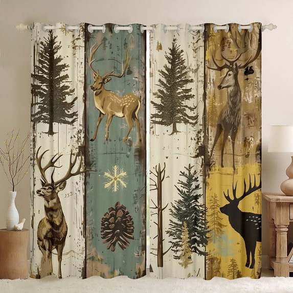 Manfei Wild Animal Elk Black Out Curtains,Pine Cone Curtains Pack of 2 (42x63 Each),Old Barn Door Bedroom Curtains For Boys Teens,Luxury Bedroom Decor