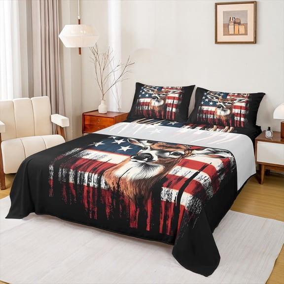 Manfei Wild Animal Elk Twin Sheet Sets,American Flag Pattern Twin Fitted Sheet,Country Farmhouse Lodge Flat Sheet For Men Women,Microfiber Bedroom Decor,3-Piece