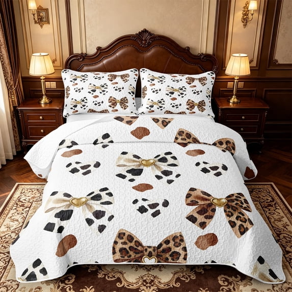 Manfei Wild Animal Print Twin Quilt Set,Cute Cheetah Bow Twin Coverlet Set,3 Pieces,1 Bedspread and 1 Pillowcase