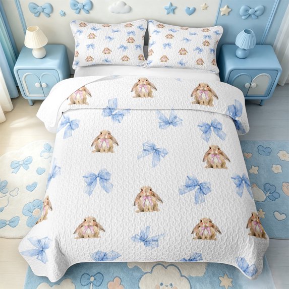 Manfei Wild Animal Rabbit Quilt Full,Blue Princess Bowknot Full Bedspread Sets,3-Piece,1 Coverlet and 2 Pillowcases