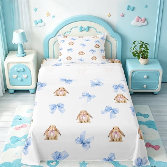 Manfei Wild Animal Rabbit Twin Sheets,Blue Princess Bowknot Bedding,3pcs,1 Flat Sheet,1 Fitted Sheet and 1 Pillowcase