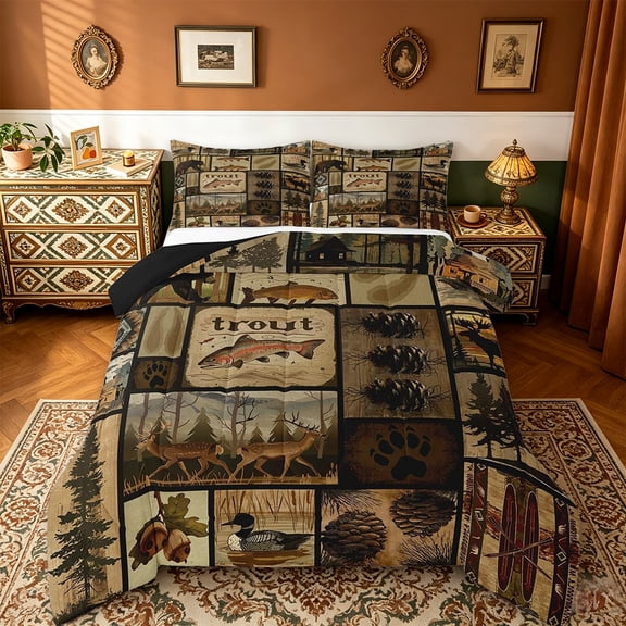 Manfei Wild Animal Wildlife Hunting Queen Comforter Set, Deer Elk Fish Duck Hunting Wooden Board Farmhouse Bedding Comforter Set Reversible 3pcs