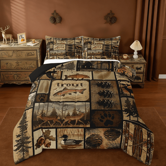 Manfei Wild Animal Wildlife Hunting Twin Comforter Sets, Deer Elk Fish Duck Hunting Wooden Board Farmhouse Bedding Set Reversible 2-Piece