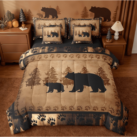 Manfei Wild Animals Bear 7-Piece Twin Bedding Sets,Cabin Lodge Rustic Farmhouse Hunting Bedding Comforter Set Reversible